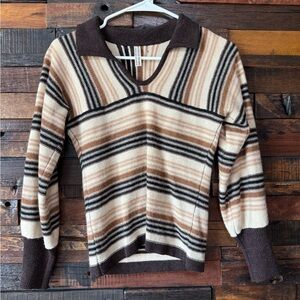 Vintage 70s Alpaca Blend Striped Sweater Polo Collar Italian Knit Retro